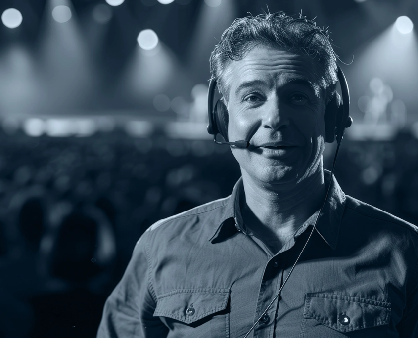 plan-and-pivot-live_events_03_ B2B event speaker with headset facing the camera at a corporate event by Plan and Pivot Events