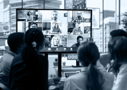 B2B event planning team in a hybrid strategy session with remote participants at Plan and Pivot Events